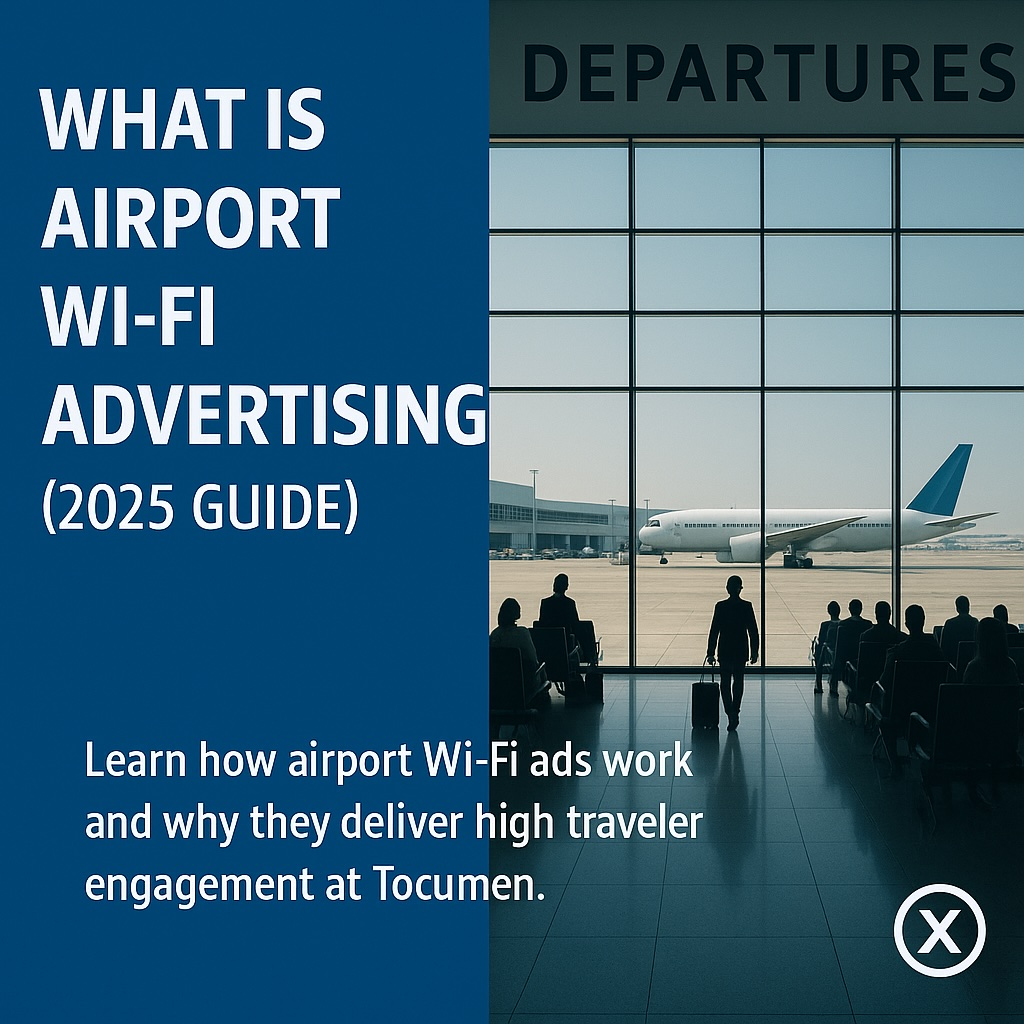 Promotional banner for the blog ‘What Is Airport Wi-Fi Advertising? (2025 Guide)’ featuring bold white text on a GX blue background and a photo of Tocumen Airport’s departure lounge with passengers, a large airplane, and the GX Live Marketing badge in the corner.